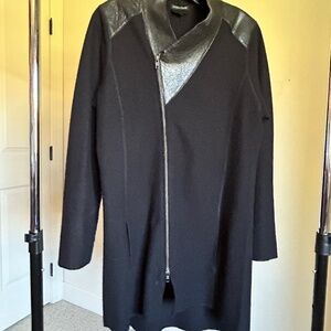 Eileen Fisher Wool Coat with Asymmetrical Leather Trim